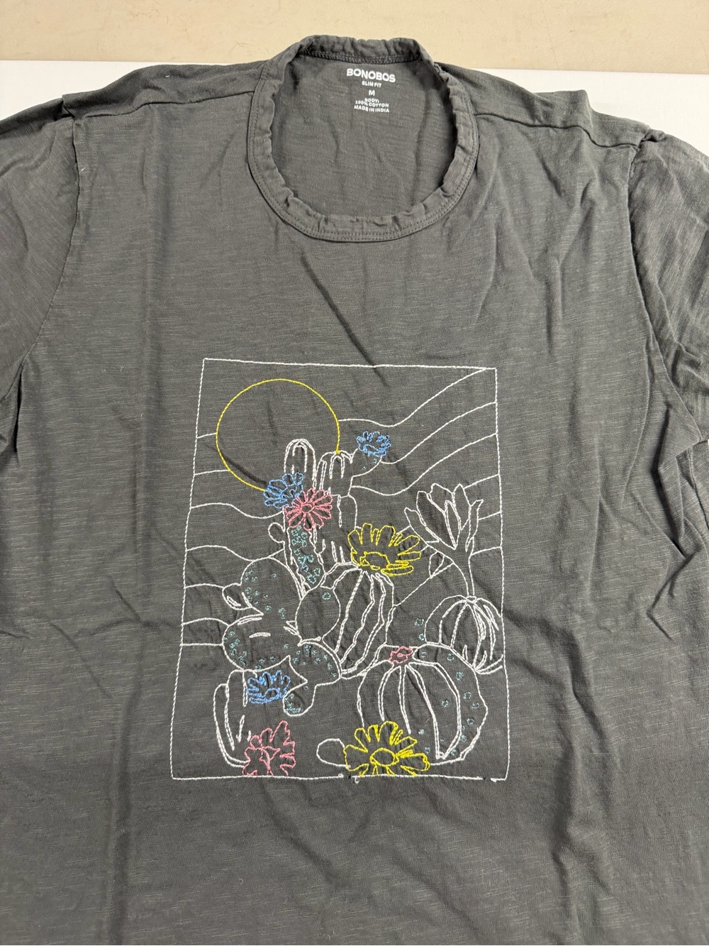 Bonobos Dark Gray Short Sleeve Tee with Multicolor Cactus Embroidery - Picture 2 of 4